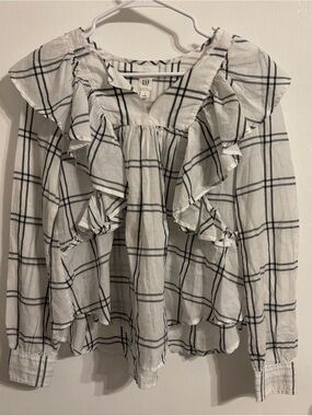 GAP White Blouse with Black Windowpane Ruffles